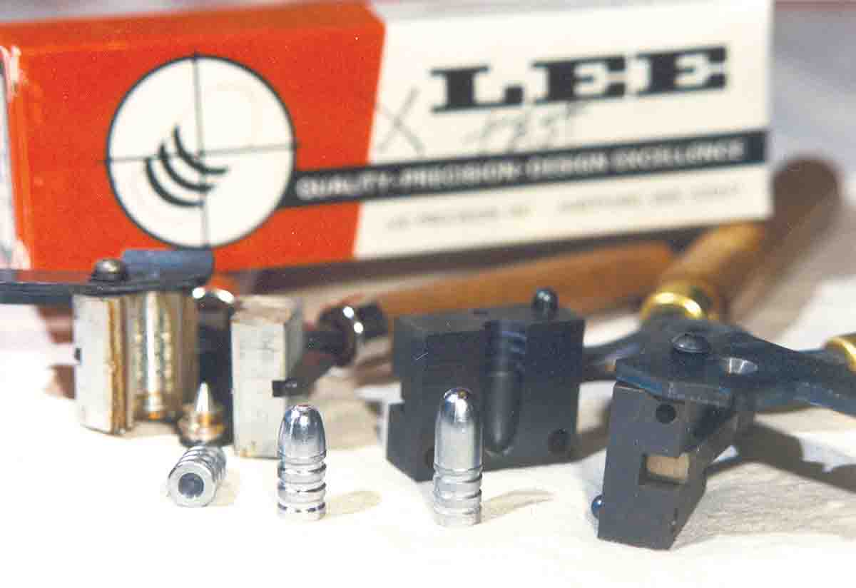 Bullets and moulds used in testing the Lee 405-grain hollowbase Model 1873 bullet (left) SAECO 500-grain Model 1881 bullet.